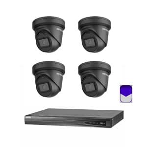 HikVision - 8MP 4Ch CCTV Security Kit - 4 Channel 4k 4PoE 1 x HDD Bay CCTV NVR (3TB HDD), 4 x DS-2CD2386G2-IU 8MP 4K 2.8mm Black Outdoor Turret CCTV Security Camera