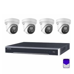 HikVision - 8MP 8Ch CCTV Security Kit - 8 Channel 4K 8 PoE 2 x HDD Bays CCTV NVR (3TB HDD), 4 x DS-2CD2386G2-ISU-SL – 8MP Acusense 2.8mm IP CCTV Security Camera 4K With Audible Warning & amp, Strobe Turret with Dark Fighter Technology
